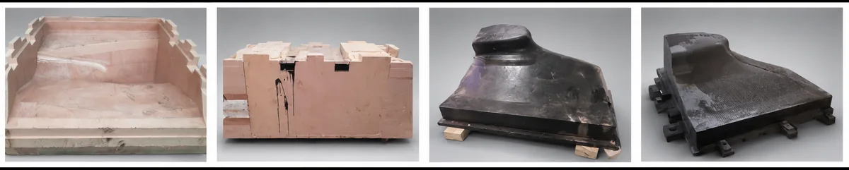 Mould-box, cast-blank and finished-tool stages