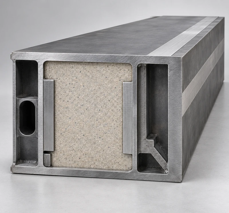 Bed cross-section illustration · load-bearing metal with continuous mineral fill One guideway mounting face on the top and one on the side; rails and magnet plates are not installed in this image.